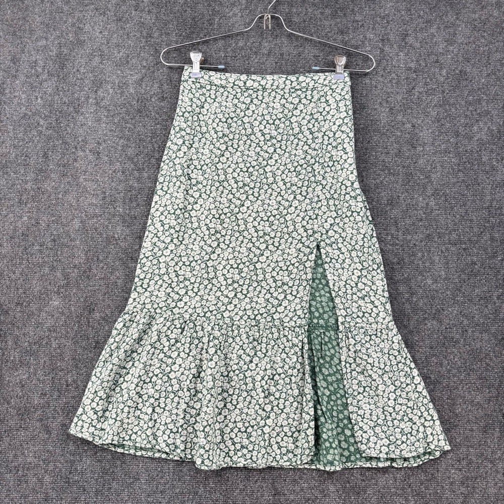 Abercrombie & Fitch Green Micro Floral Midi Skirt Ruffle Hem Side Slit Womens XS